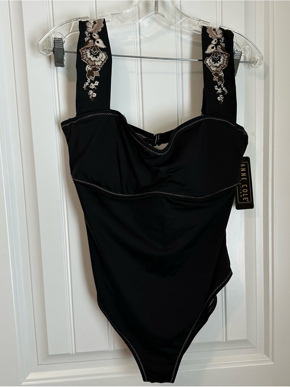 Anne Cole Black Brown Embroidered Strap One-Piece Swimsuit